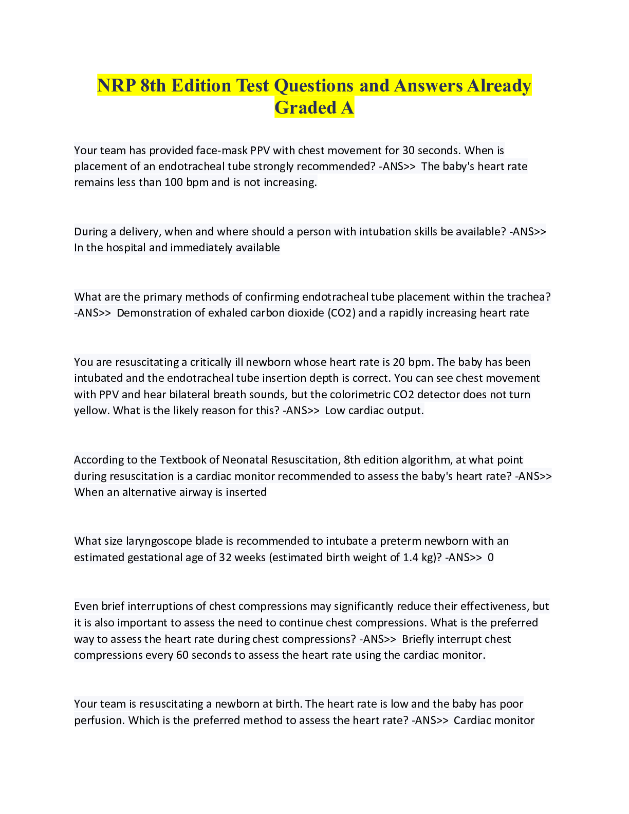 Preview image for NRP 8th Edition Test Questions and Answers Already Graded A